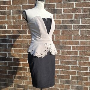 Lipsy Strapless Colorblock Peplum Bodycon Dress Beige Black Size 6 Cocktail